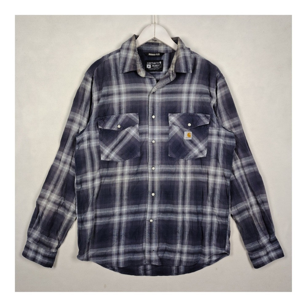 Carhartt Rugged Flex Relaxed Fit Plaid Flannel Shirt Mens Medium Navy Blue Grey